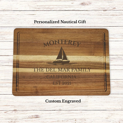 Personalized Monterey California sailboat cutting board engraved with boat name Pacific Explorer nautical gift