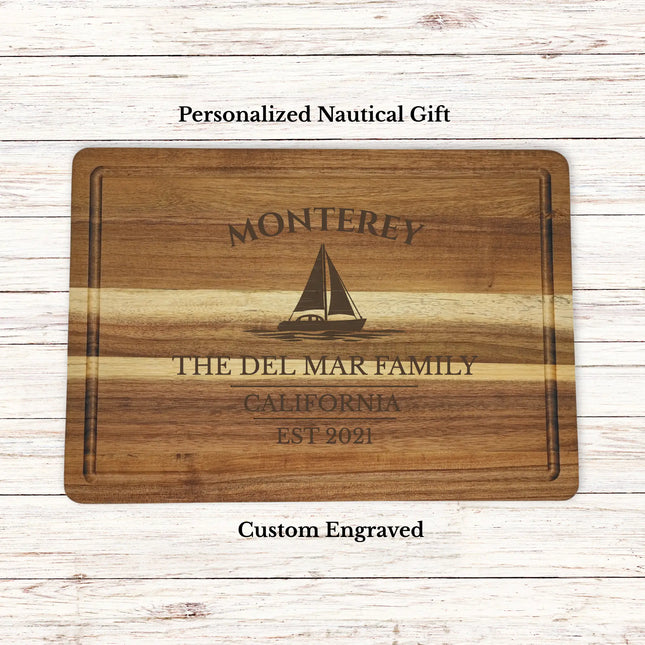 Personalized Monterey California sailboat cutting board engraved with boat name Pacific Explorer nautical gift