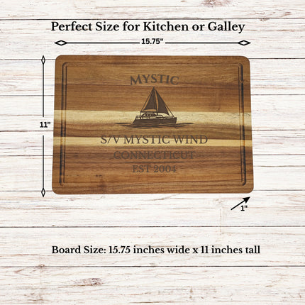 solid acacia Mystic Connecticut sailboat cutting board juice groove and craftsmanship detail