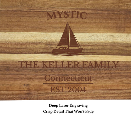 personalized Mystic Connecticut sailboat cutting board custom boat name and established year engraving options