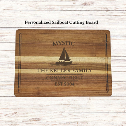 Mystic Connecticut sailboat cutting board engraved on solid acacia wood personalized nautical kitchen gift