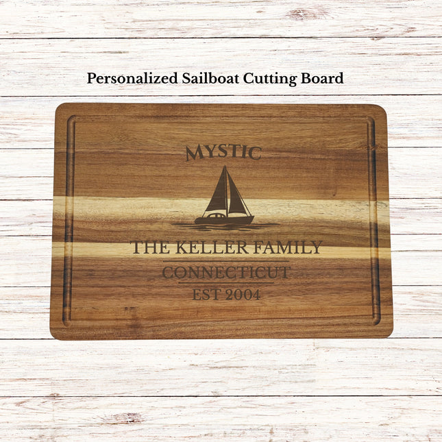 Mystic Connecticut sailboat cutting board engraved on solid acacia wood personalized nautical kitchen gift