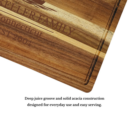 solid acacia Mystic Connecticut sailboat cutting board juice groove and craftsmanship detail