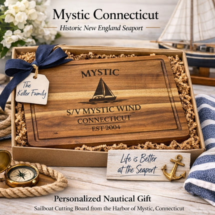 personalized Mystic Connecticut sailboat cutting board gift for sailors boat owners and coastal homes