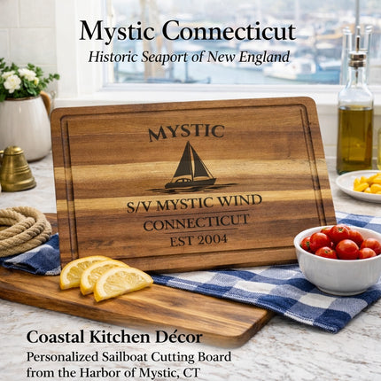 Mystic Connecticut sailboat cutting board styled in coastal kitchen nautical decor lifestyle setting