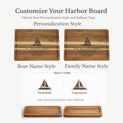 personalized Mystic Connecticut sailboat cutting board custom boat name and established year engraving options