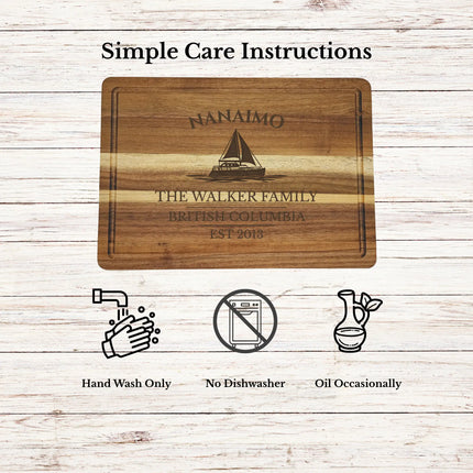 Nanaimo British Columbia cutting board care instructions showing how to clean oil and maintain acacia wood