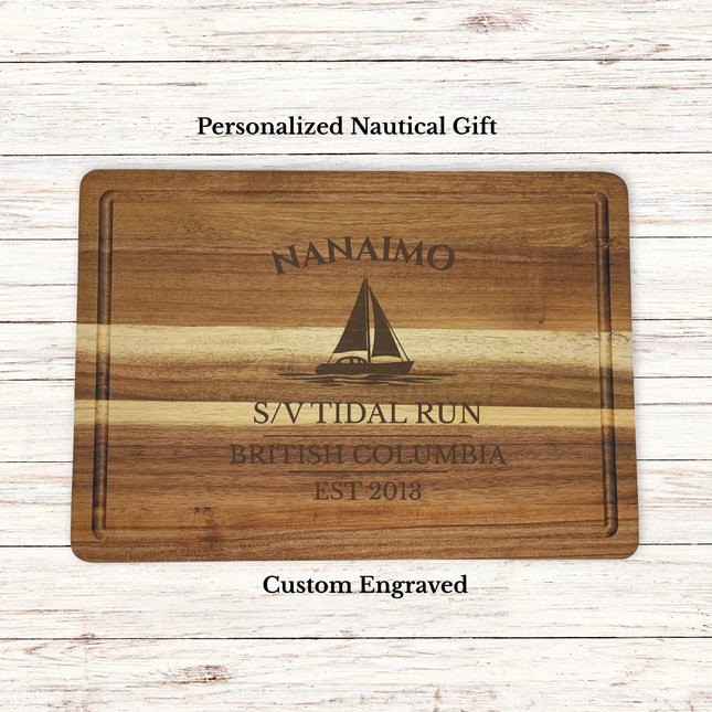 Nanaimo British Columbia sailboat cutting board personalized with Tidal Run boat name nautical gift