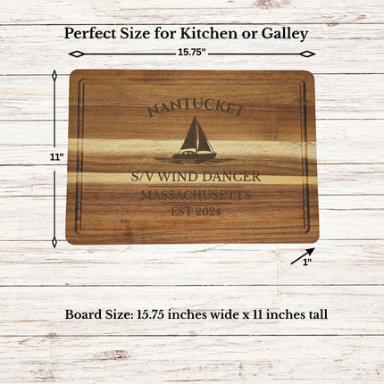 Nantucket Massachusetts sailboat cutting board dimensions solid acacia wood nautical kitchen board size guide