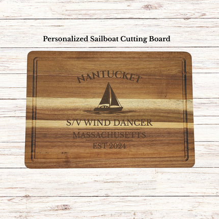 Nantucket Massachusetts sailboat cutting board engraved on solid acacia wood personalized nautical kitchen gift