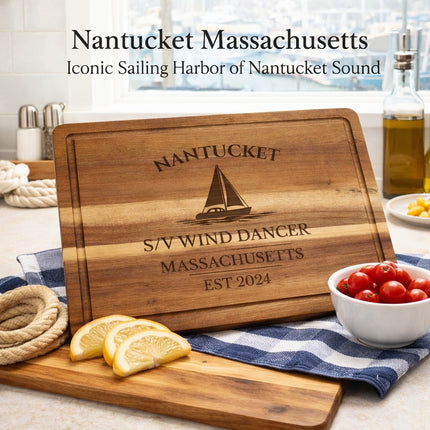 Nantucket Massachusetts sailboat cutting board styled in coastal kitchen nautical decor lifestyle setting