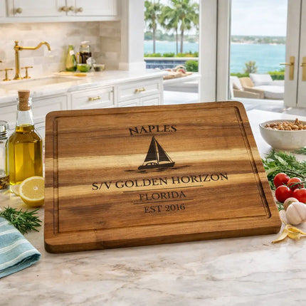 naples florida sailboat cutting board displayed in luxury coastal kitchen with waterfront view
