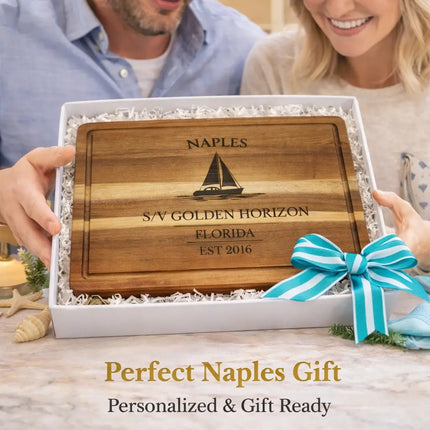 personalized naples sailboat cutting board in gift box with ribbon perfect coastal gift idea