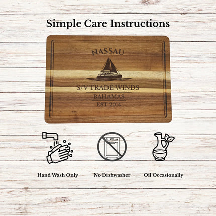 Nassau Bahamas cutting board care instructions showing how to clean oil and maintain acacia wood for long lasting use