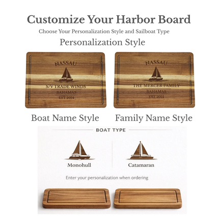 Nassau Bahamas cutting board personalization options showing custom boat name family name established year and sailboat engraving styles