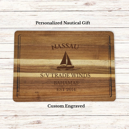 Nassau Bahamas sailboat cutting board personalized with Trade Wind boat name nautical gift