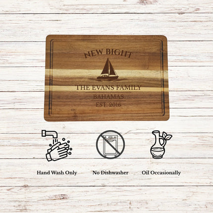 New Bight Bahamas cutting board care instructions showing how to clean oil and maintain acacia wood for long lasting use
