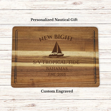 New Bight Bahamas sailboat cutting board personalized with Island Breeze boat name nautical gift