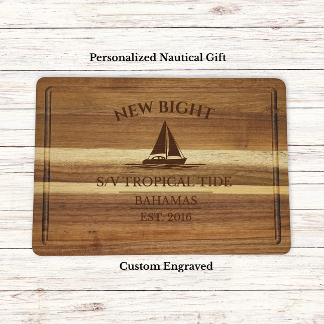 New Bight Bahamas sailboat cutting board personalized with Island Breeze boat name nautical gift