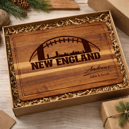 Personalized New England football cutting board engraved on acacia wood, styled as a meaningful gift for football fans