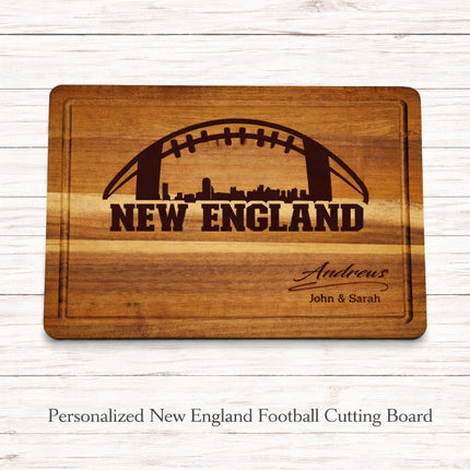 Personalized New England football cutting board engraved on solid acacia wood with deep juice groove and custom family name