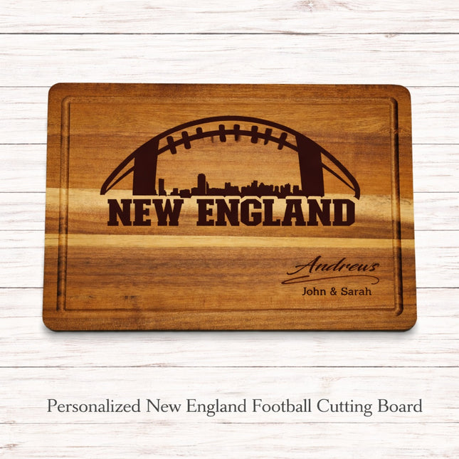 Personalized New England football cutting board engraved on solid acacia wood with deep juice groove and custom family name