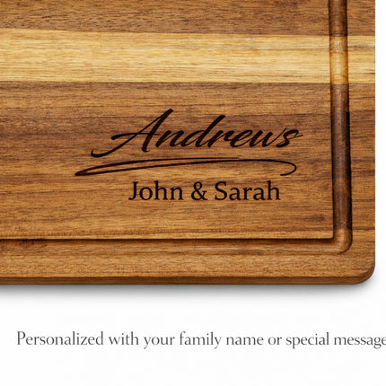 Close-up of personalized New England football cutting board showing engraved family name and custom text on acacia wood