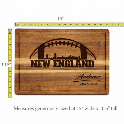 Size and scale view of personalized New England football cutting board showing approximate dimensions and thickness on solid acacia wood