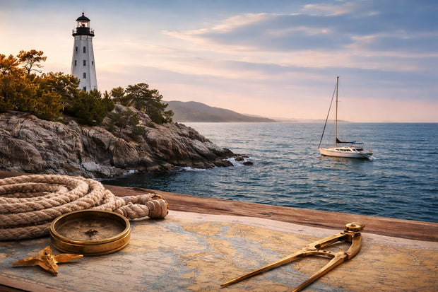 New England and Northeast sailing coastline with lighthouse sailboat and nautical chart representing historic sailing harbors