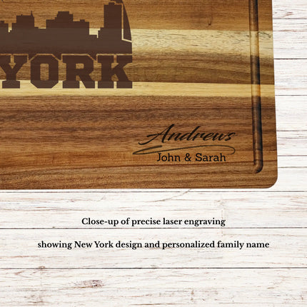 Close up of laser engraved New York skyline baseball design on personalized acacia wood cutting board