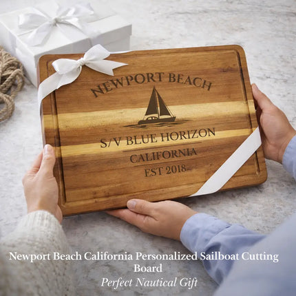 Gift giving personalized cutting board Newport Beach California nautical boat owner gift custom engraved Blue Horizon