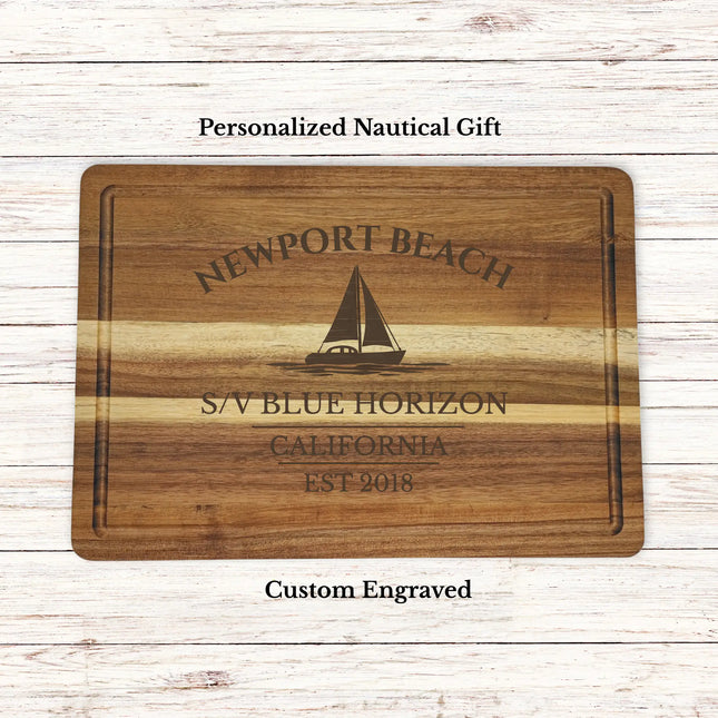 Personalized sailboat cutting board Newport Beach California nautical gift custom engraved boat name Blue Horizon coastal decor