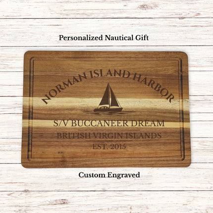 Norman Island Harbor British Virgin Islands sailboat cutting board personalized with Sea Venture boat name nautical gift