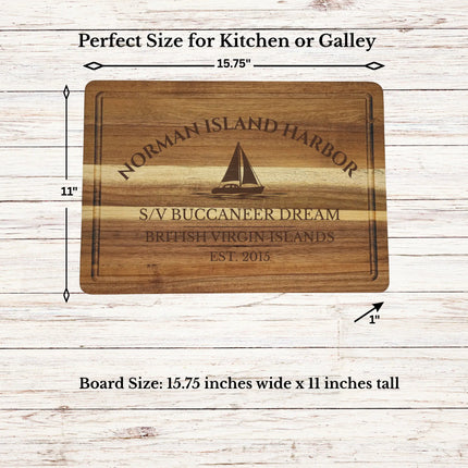 Norman Island Harbor British Virgin Islands sailboat cutting board dimensions and features including size thickness juice groove and edge detail