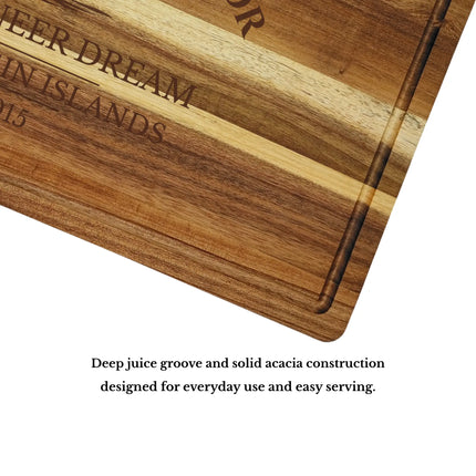Norman Island Harbor British Virgin Islands cutting board juice groove and craftsmanship showing premium solid acacia wood quality and durability