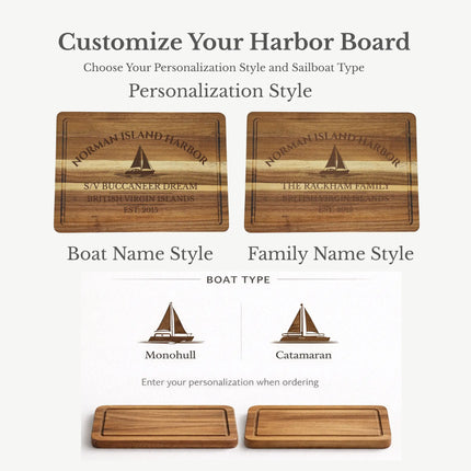 Norman Island Harbor British Virgin Islands cutting board personalization options showing custom boat name family name established year and sailboat engraving styles