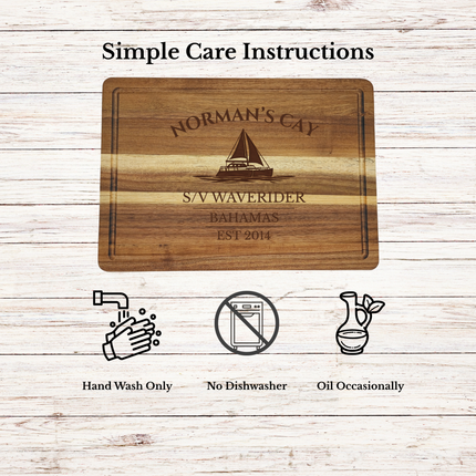 Norman’s Cay Bahamas cutting board care instructions showing how to clean oil and maintain acacia wood for long lasting use