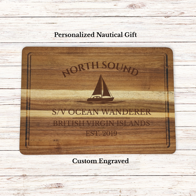 North Sound British Virgin Islands sailboat cutting board personalized with Ocean Wanderer boat name nautical gift