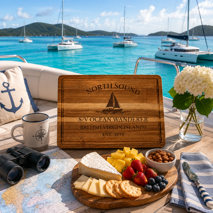 North Sound British Virgin Islands sailboat cutting board displayed aboard a catamaran overlooking calm turquoise Caribbean anchorages and tropical Virgin Gorda scenery
