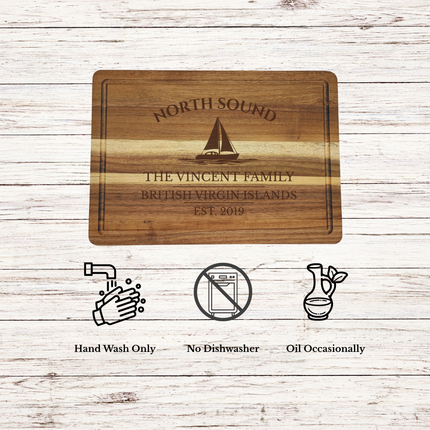 North Sound British Virgin Islands cutting board care instructions showing how to clean oil and maintain acacia wood for long lasting use