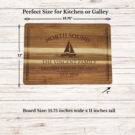 North Sound British Virgin Islands sailboat cutting board dimensions and features including size thickness juice groove and edge detail
