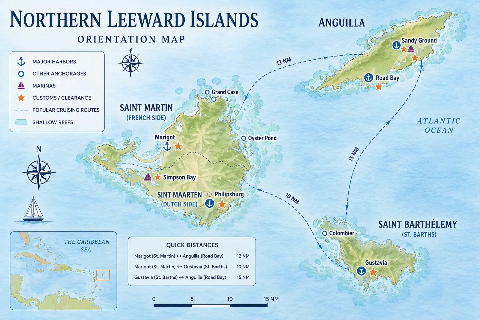 Northern Leeward Islands sailing orientation map showing Saint Martin, St. Barths, Anguilla, major harbors, cruising routes, customs locations, and island connections.