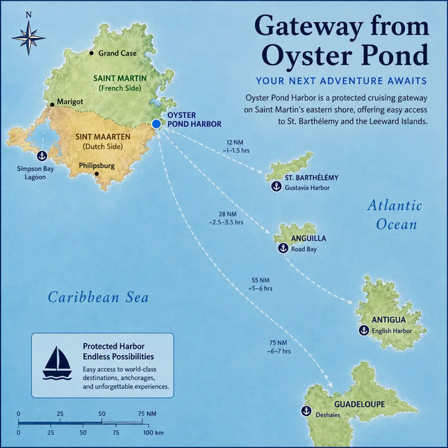 Illustrated sailing route map showing Oyster Pond Harbor on Saint Martin with cruising connections to St. Barthélemy, Anguilla, Antigua, and Guadeloupe throughout the Leeward Islands