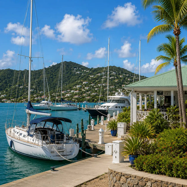 Marina and sailboats at Oyster Pond Harbor in Saint Martin featuring protected waters, dock facilities, and Caribbean cruising infrastructure