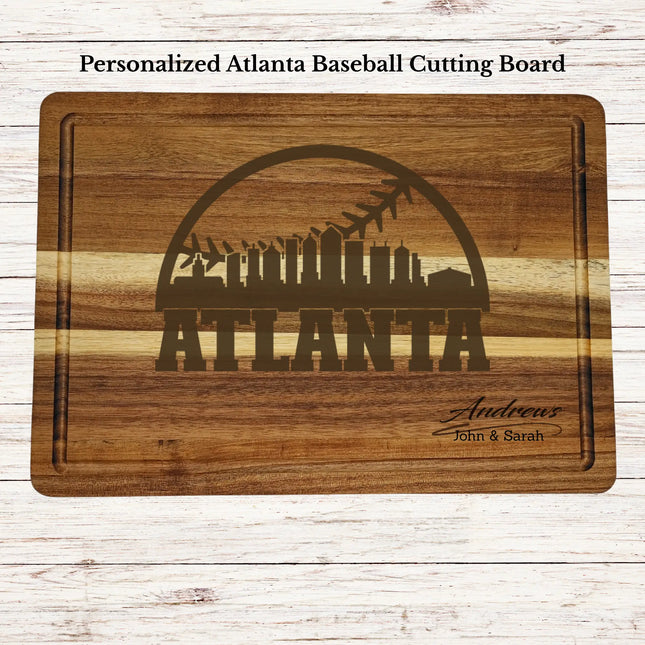 Personalized Atlanta baseball cutting board engraved on acacia wood with custom family name and skyline design