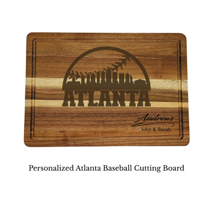Atlanta baseball cutting board personalized with name laser engraved on acacia wood isolated on white background