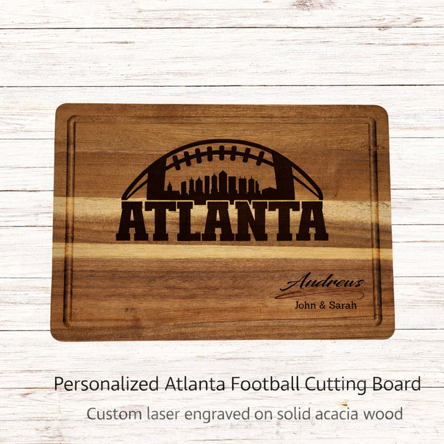 Personalized Atlanta football cutting board engraved on solid acacia wood with city skyline and custom name