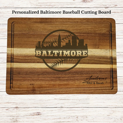 Personalized Baltimore baseball cutting board engraved on acacia wood with custom family name and skyline design