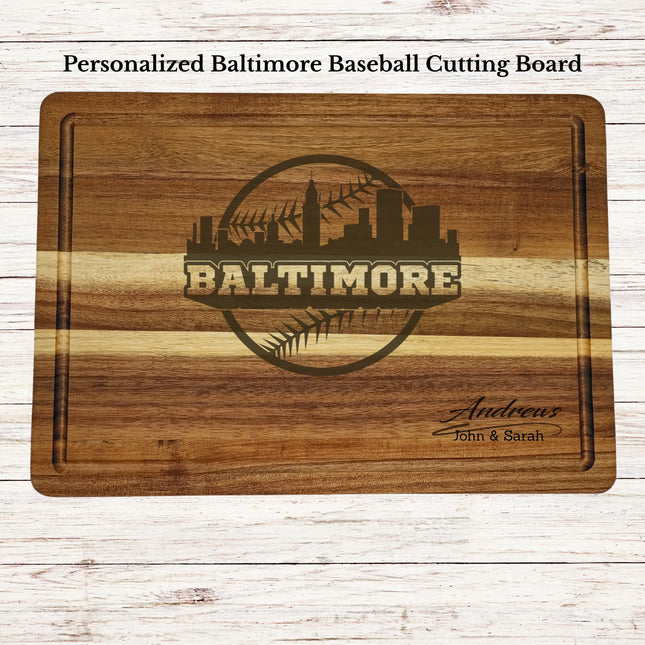 Personalized Baltimore baseball cutting board engraved on acacia wood with custom family name and skyline design