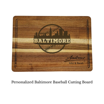 Baltimore baseball cutting board personalized with name laser engraved on acacia wood isolated on white background